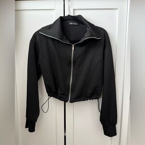 Black Zip-Up, High Collar Crop Jacket, Size Medium